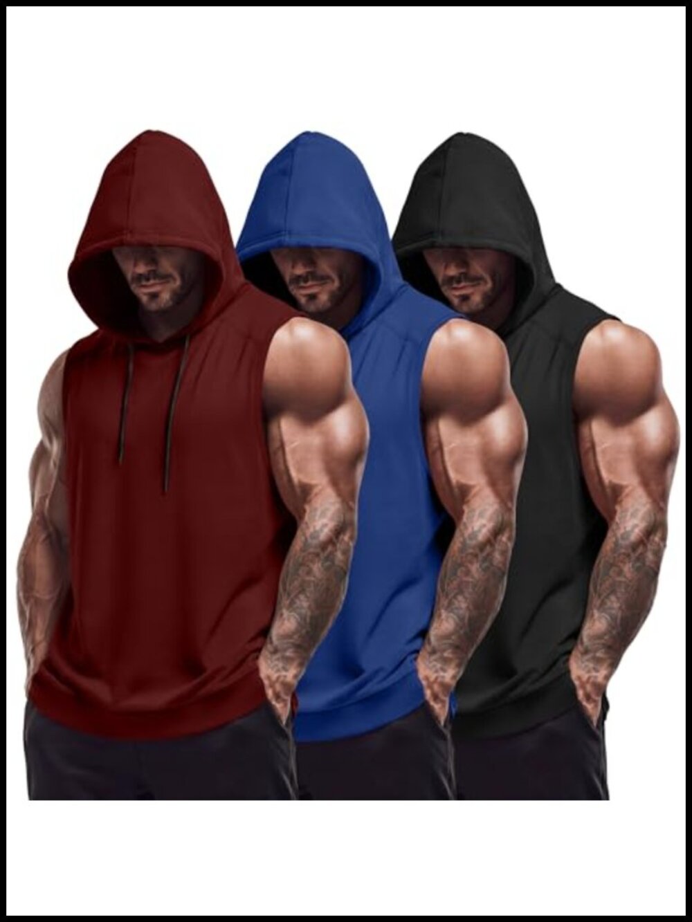 Men's Big & Tall Sleeveless Hooded Tank Tops 3 Pack Polyester Spandex Workout